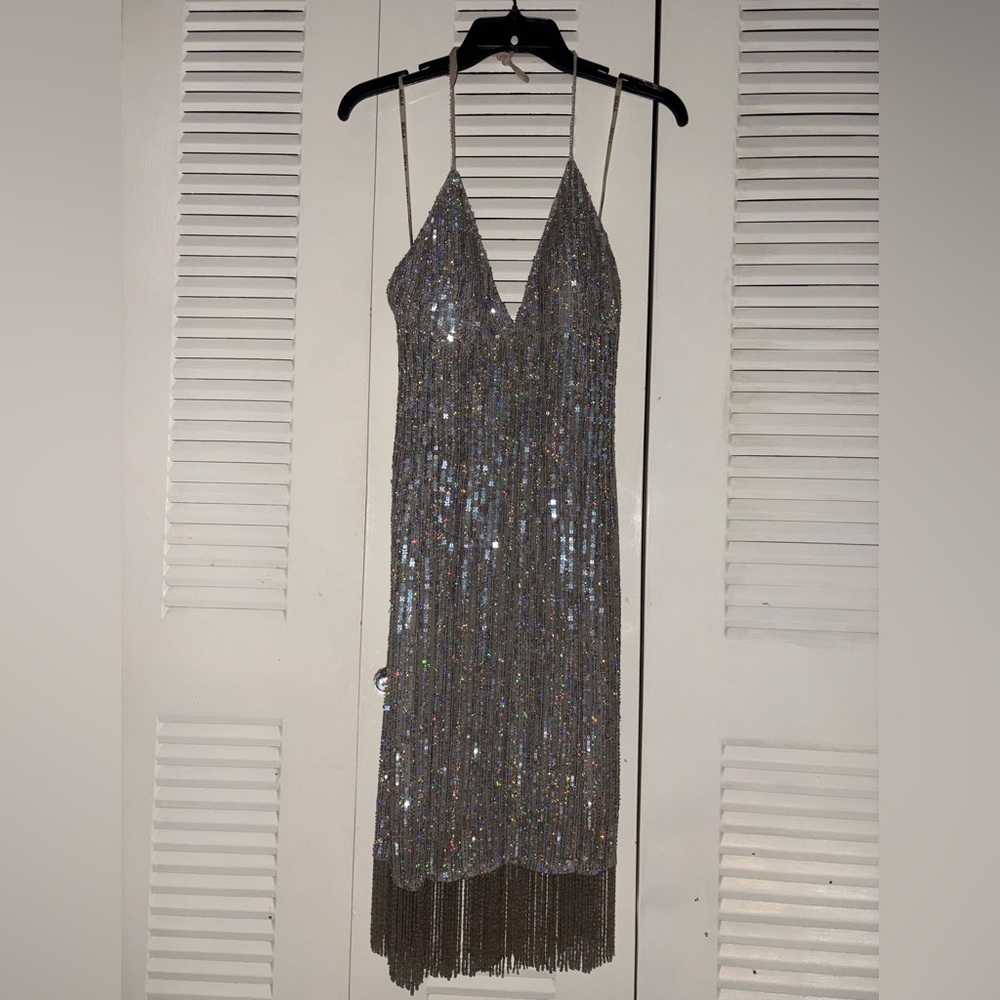 SCALA Y2K Silver Sequin halter Dress - Picture 3 of 12